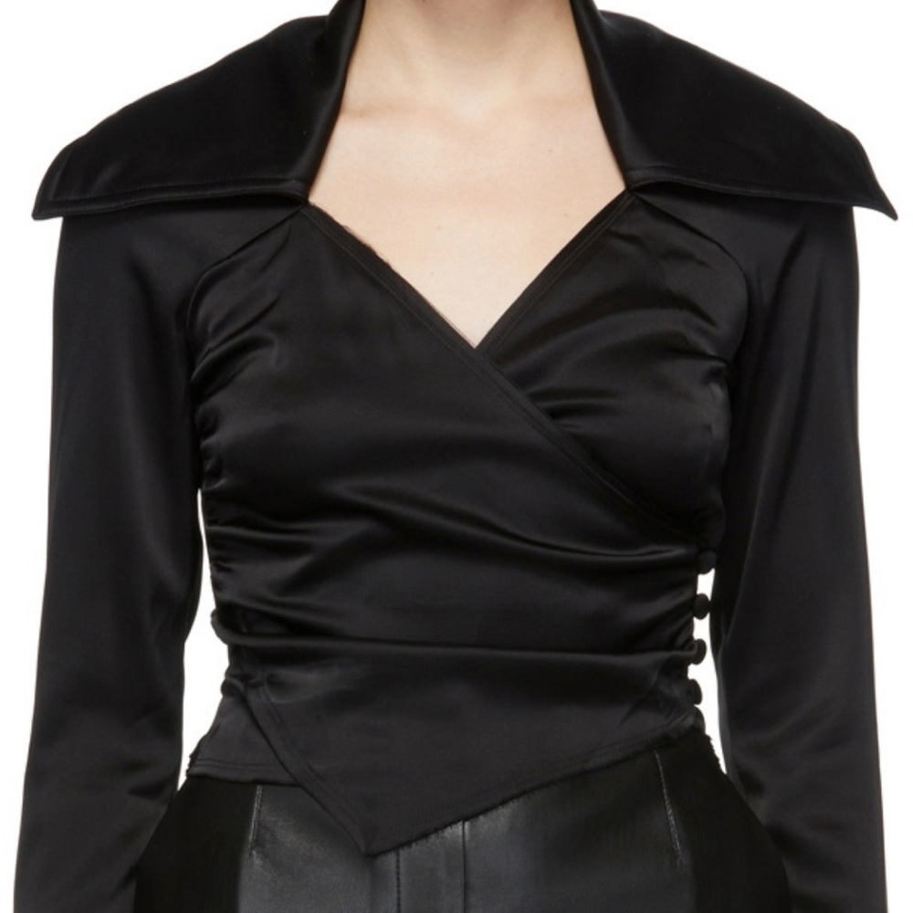 HOST PICK NWT NANUSKA XL Womens Black Satin OHara Blouse Raw Edges Long Sleeve V